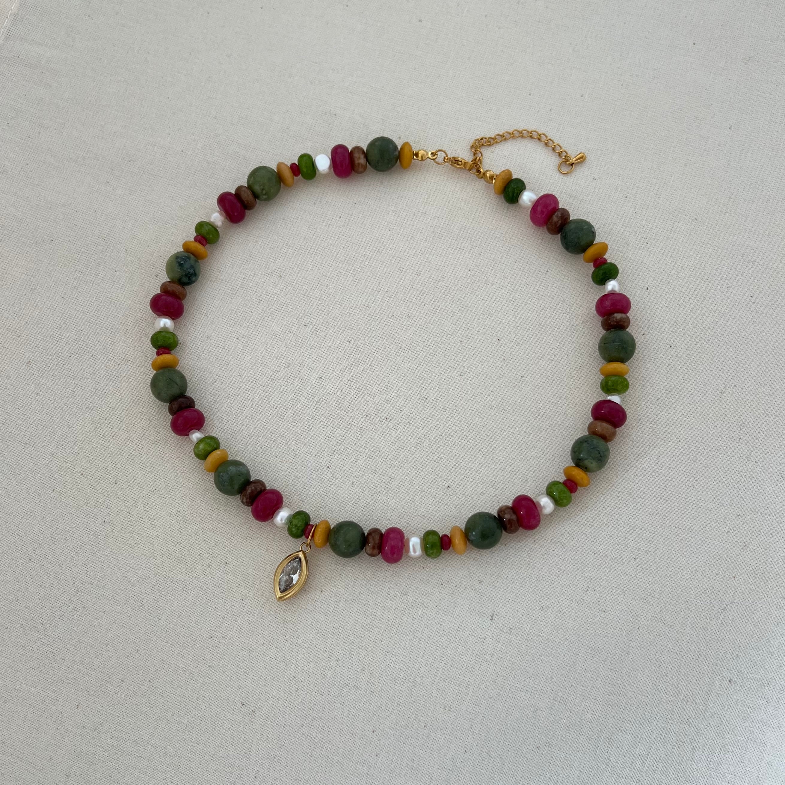 Mixed Green Beaded Bezel Necklace
