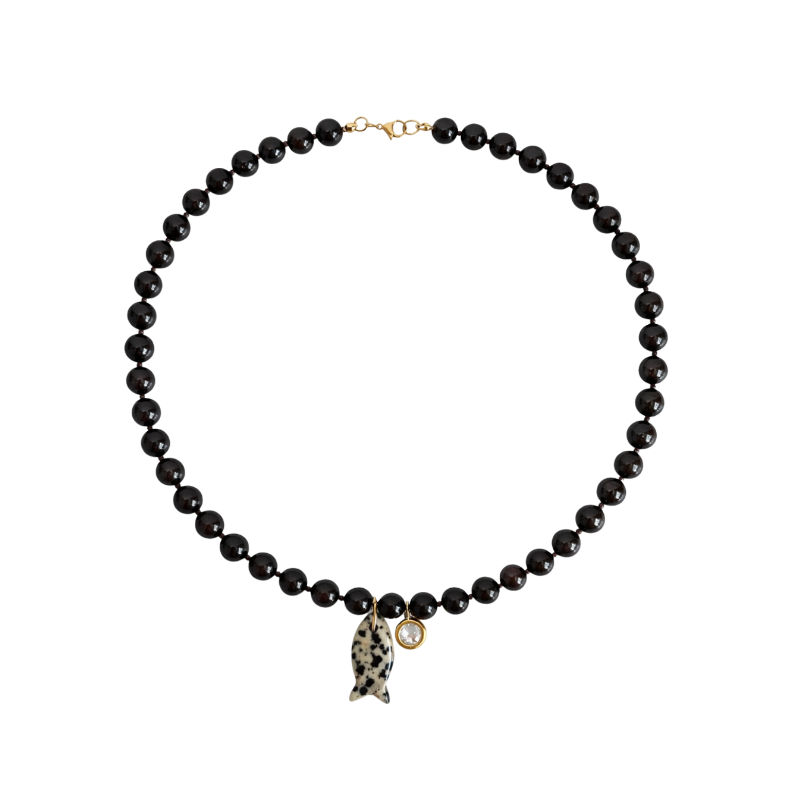 Brown black garnet beaded statement necklace with fish and round bezel charm