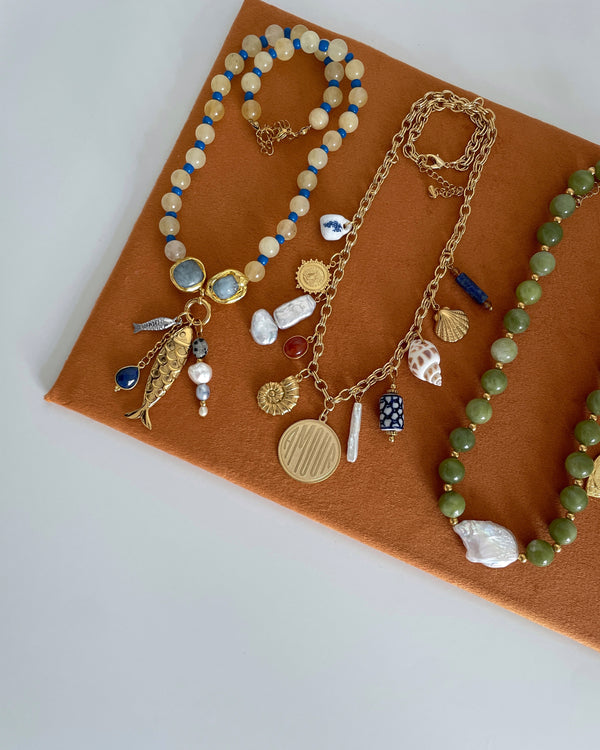 Yellow Jade Bead Multi Charm Necklace