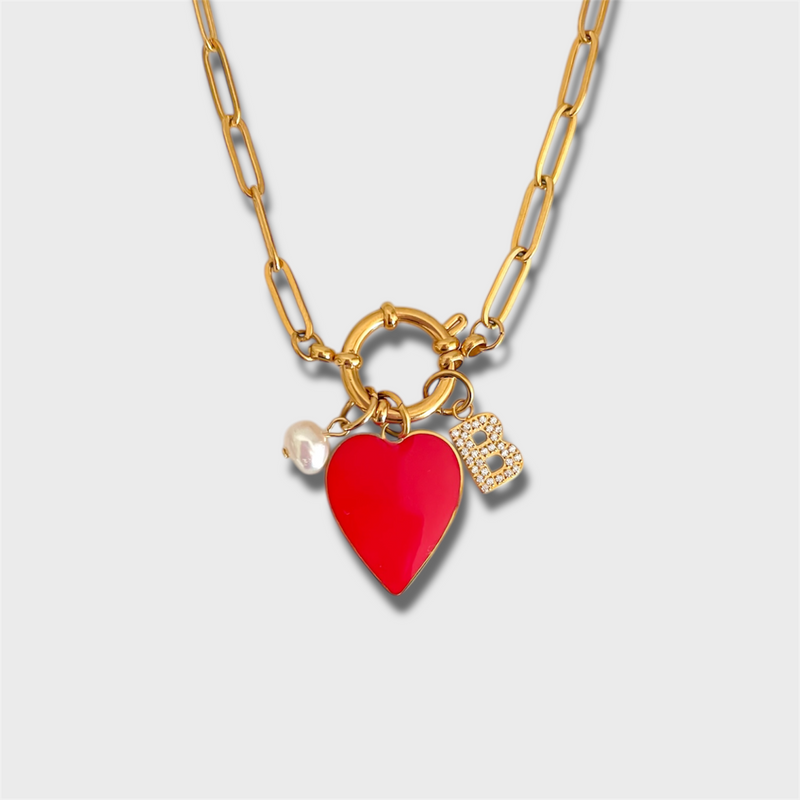 Red Heart + Initial Triple Charm Necklace