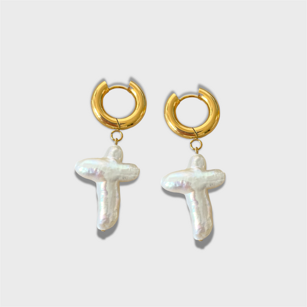 Pearl Cross Hoops