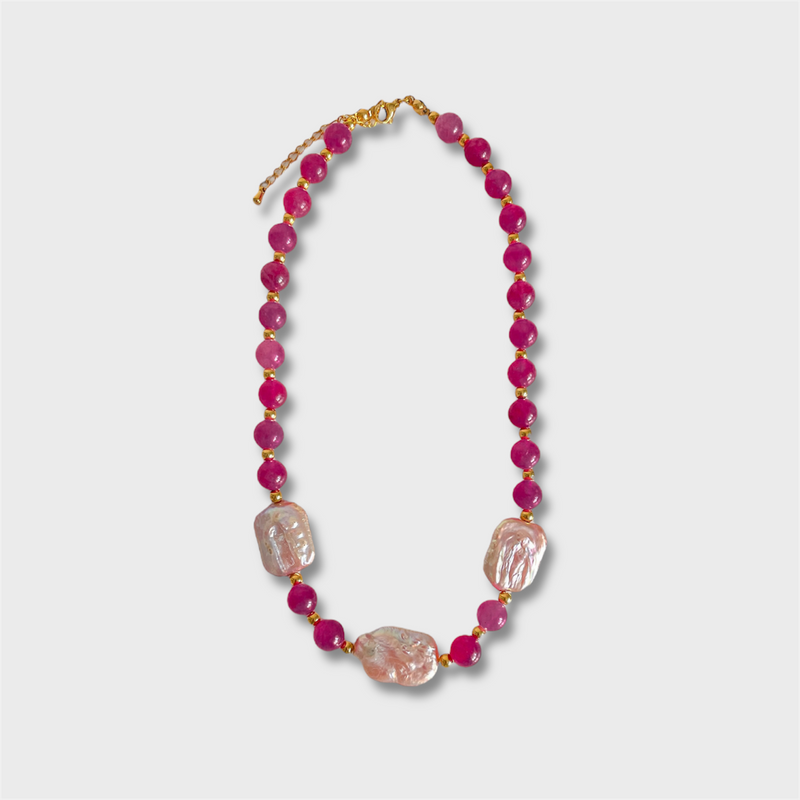 Pink Jade Bead and Pearl Necklace