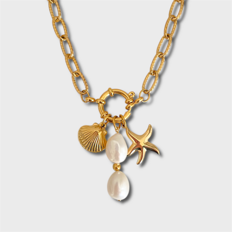 Starfish + Scallop Shell Triple Charm Necklace