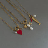 Red Heart + Initial Triple Charm Necklace