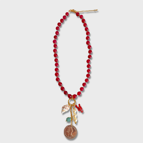 Red Jade Bead Multi Charm Necklace
