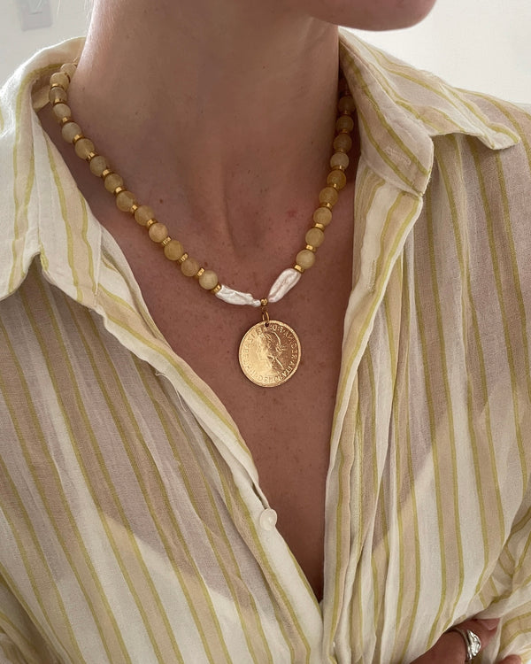 Yellow Jade Bead Vintage Coin Necklace
