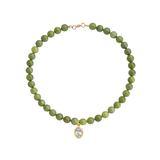 Andie green jade beaded statement necklace with an oval cut bezel pendant