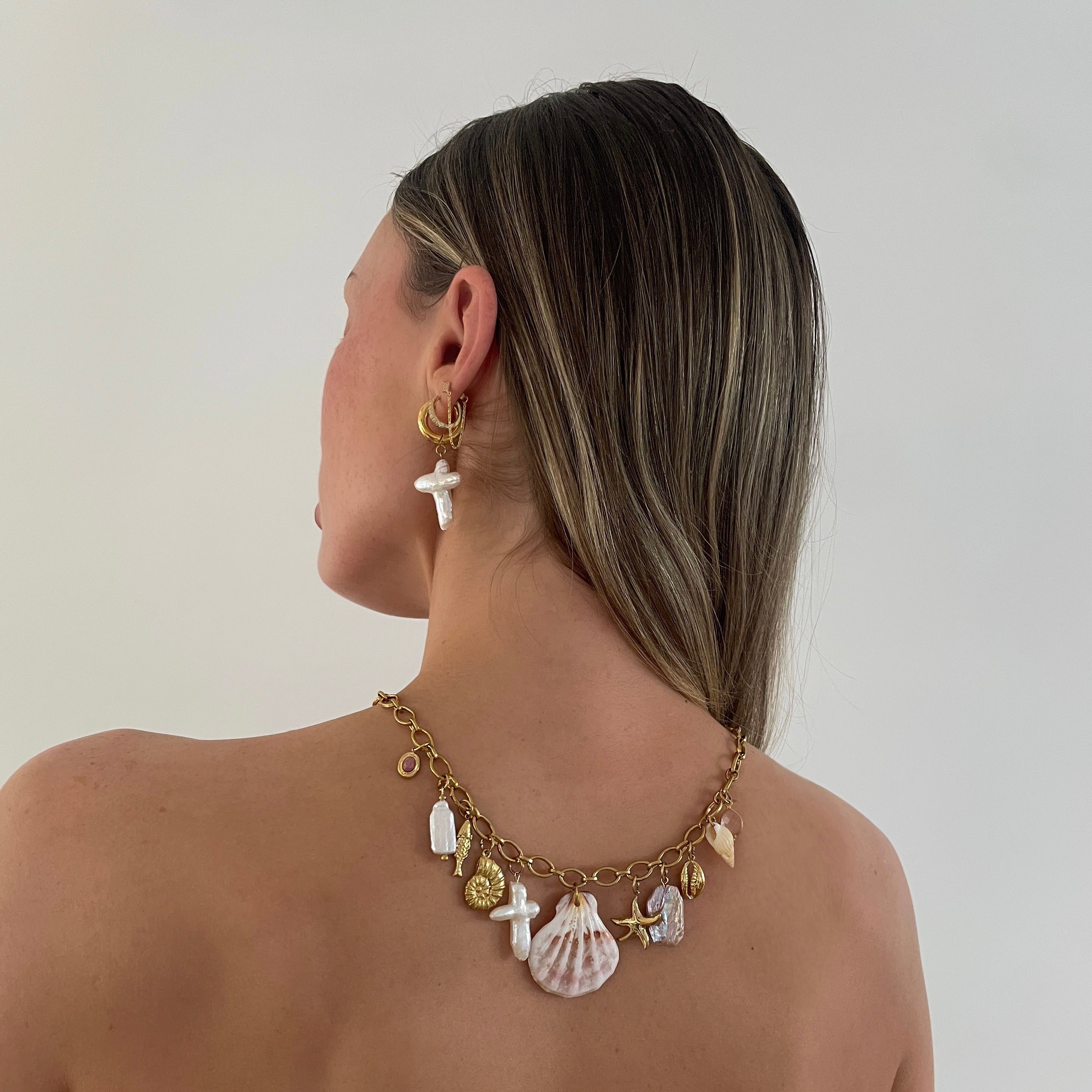 Marina Pearl Cross Hoops