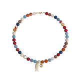 Blue and brown mixed beaded statement necklace with fish and round bezel charm