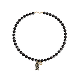 Brown black garnet beaded statement necklace with fish and round bezel charm