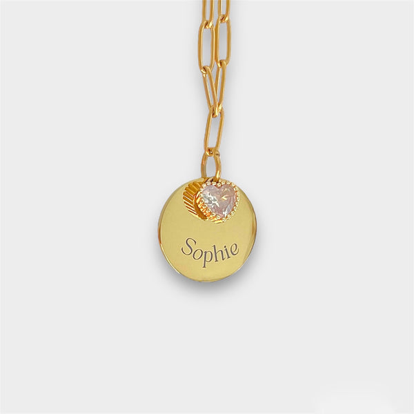 Engrave Disc Necklace with Birthstone Charm