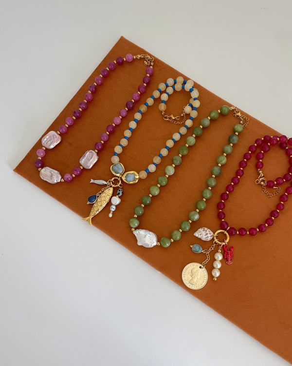 Red Jade Bead Multi Charm Necklace