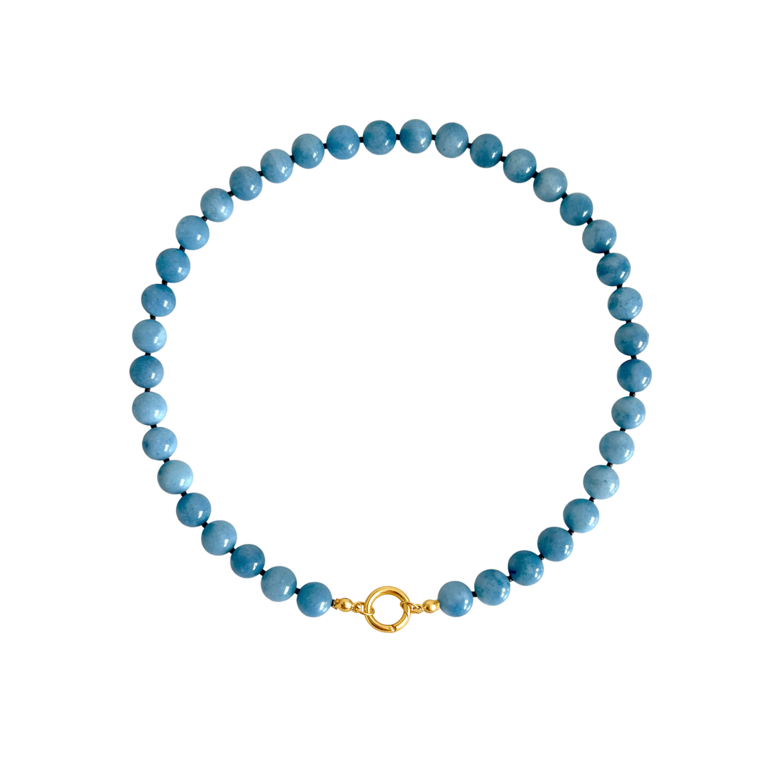 Blue Angelite beaded statement necklace with a gold clasp, ideal for layering or adding charms